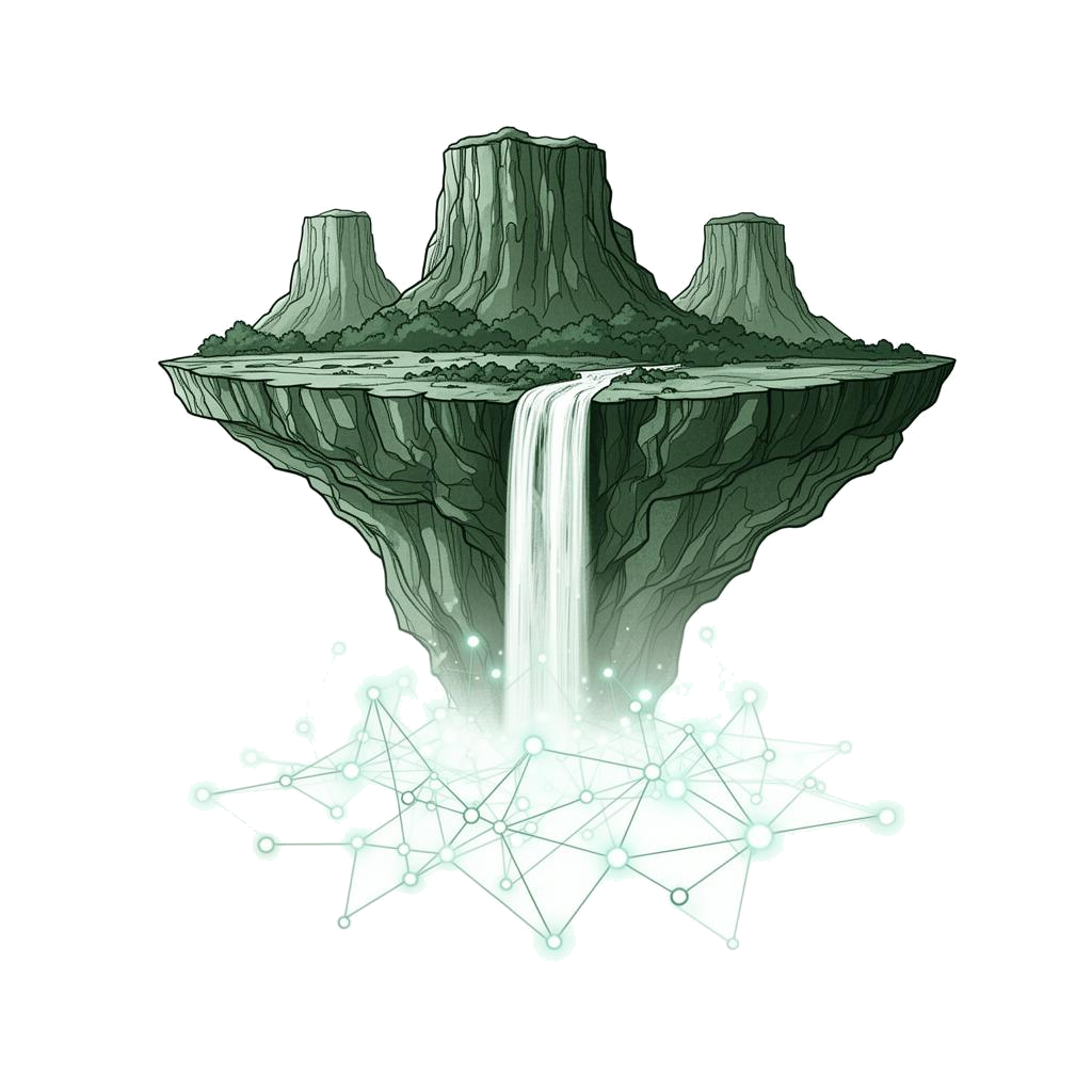 A floating tepui whose waterfall descends into a glowing neural network